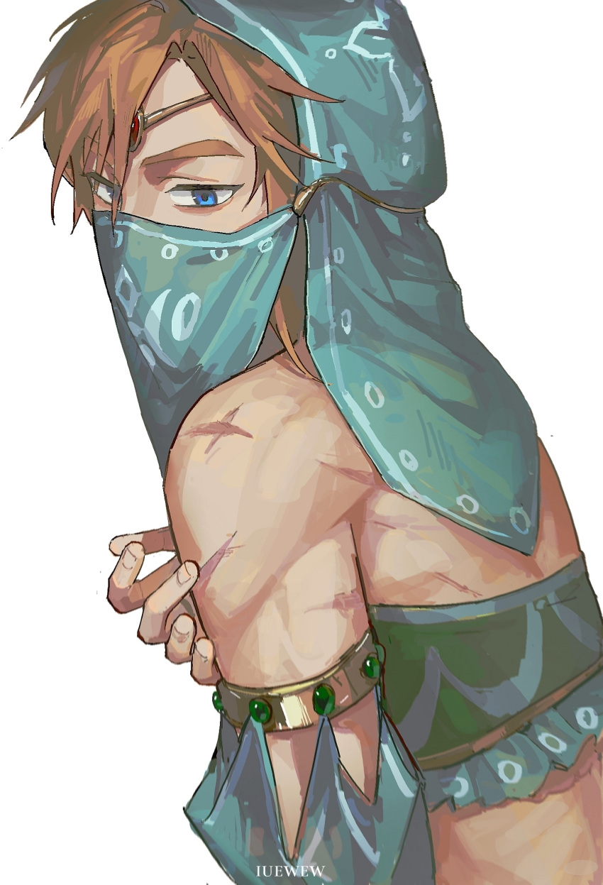 1boy blonde_hair blue_eyes chinese_commentary commentary_request covered_mouth detached_sleeves gem gerudo_set_(zelda) harem_outfit highres iuew link male_focus medium_hair mouth_veil scar scar_on_arm scar_on_back simple_background solo the_legend_of_zelda the_legend_of_zelda:_breath_of_the_wild upper_body veil white_background