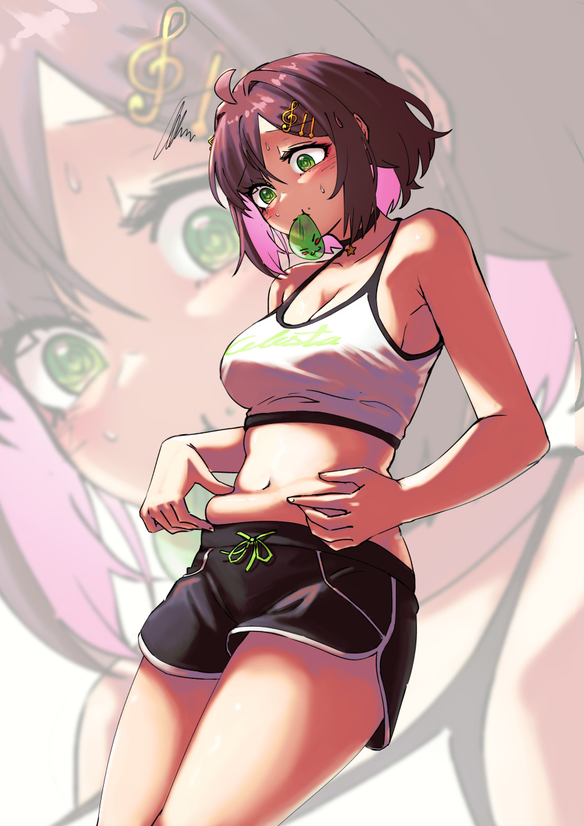 absurdres ahoge bare_arms bare_shoulders belly_grab black_choker black_shorts breasts brown_hair camisole choker cleavage colored_inner_hair cowboy_shot crop_top dolphin_shorts drawstring english_commentary female hair_ornament hairclip highres indie_virtual_youtuber looking_down medium_breasts midriff miori_celesta miori_celesta_(6th_costume) mogu_(miori_celesta) mouth_hold multicolored_hair navel official_alternate_costume plump ryushi shirt short_hair short_shorts shorts sleeveless sleeveless_shirt solo spaghetti_strap standing stomach sweat thighs virtual_youtuber white_shirt zoom_layer