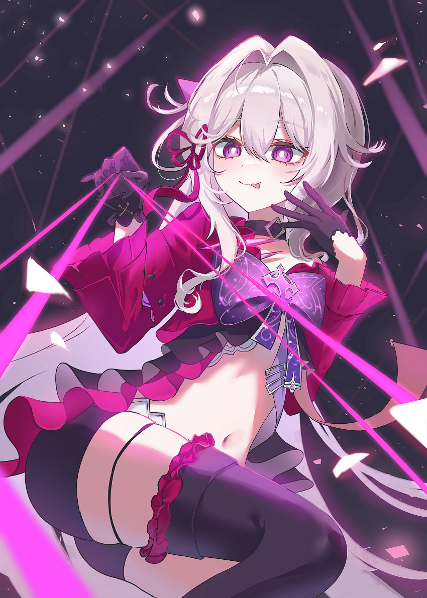 :p absurdres black_choker black_gloves black_shorts bow bright_pupils chest_bow choker commentary feet_out_of_frame female foot_up frilled_thighhighs frills gloves hair_intakes hashtag-only_commentary highres holding holding_string honkai_(series) honkai_impact_3rd horns jacket long_hair midriff navel purple_bow purple_eyes qw34tyyy red_jacket short_shorts shorts single_horn smile solo string thelema_nutriscu thighhighs tongue tongue_out very_long_hair white_hair white_pupils