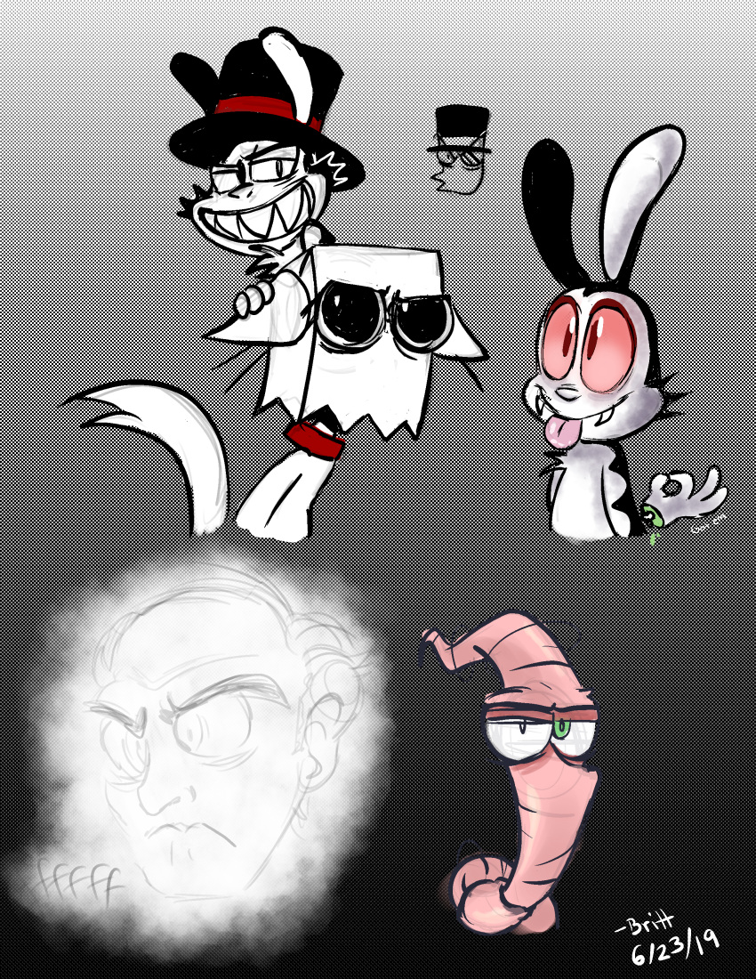 2019 8-bit-britt absurd_res anthro bag black_body black_clothing black_ears black_fur black_hat black_headwear black_top_hat blue_eyes bunnicula bunnicula_(series) chester_(bunnicula) clothing collar digital_media_(artwork) domestic_cat earthworm_jim earthworm_jim_(series) fangs felid feline felis fur ghost grin group half-closed_eyes happy hat head_bag headgear headwear hi_res lagomorph leporid long_ears male mammal multicolored_body multicolored_fur narrowed_eyes on_top pink_body rabbit red_clothing red_collar red_eyes red_hat red_headwear red_sclera red_top_hat sharp_teeth smile spirit standing teeth tongue tongue_out top_hat two_tone_body two_tone_fur two_tone_hat two_tone_top_hat vampire villainous_(series) white_body white_fur white_nose worm