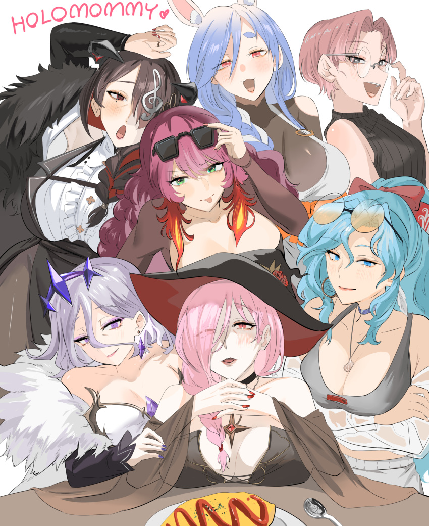 6+girls animal_ear_fluff animal_ears blue_eyes blue_hair blush braid breasts commentary english_commentary eyewear_on_head food hair_ornament hair_over_one_eye hat highres hololive hololive_english hololive_indonesia horns large_breasts long_hair looking_at_viewer mama_lillie mama_mori mamarissa mamatori mature_female momseki_(koseki_bijou) multicolored_hair multiple_girls omelet open_mouth pekomama pink_hair rabbit_ears rabbit_girl red_eyes set7 shella_ngaeru short_eyebrows smile sunglasses thick_eyebrows virtual_youtuber white_hair witch_hat