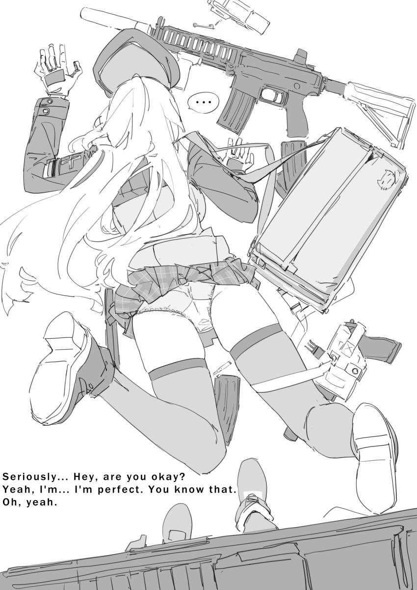 ... 2girls absurdres animal_print ankle_boots asimo_(hakurei10201) ass assault_rifle bag beret boots breasts bullet cat_print commentary_request english_text faceplant fallen_down feet_up female_pov from_above full_body g11_(girls'_frontline) girls'_frontline gloves greyscale gun h&k_g11 h&k_hk416 h&k_usp handgun hat highres hk416_(girls'_frontline) holding holding_gun holding_weapon jacket long_hair long_sleeves lying magazine_(weapon) miniskirt monochrome multiple_girls on_stomach panties plaid plaid_skirt pov rifle shoe_soles simple_background skindentation skirt solo_focus spoken_ellipsis thighhighs underwear unworn_hat unworn_headwear very_long_hair weapon white_background