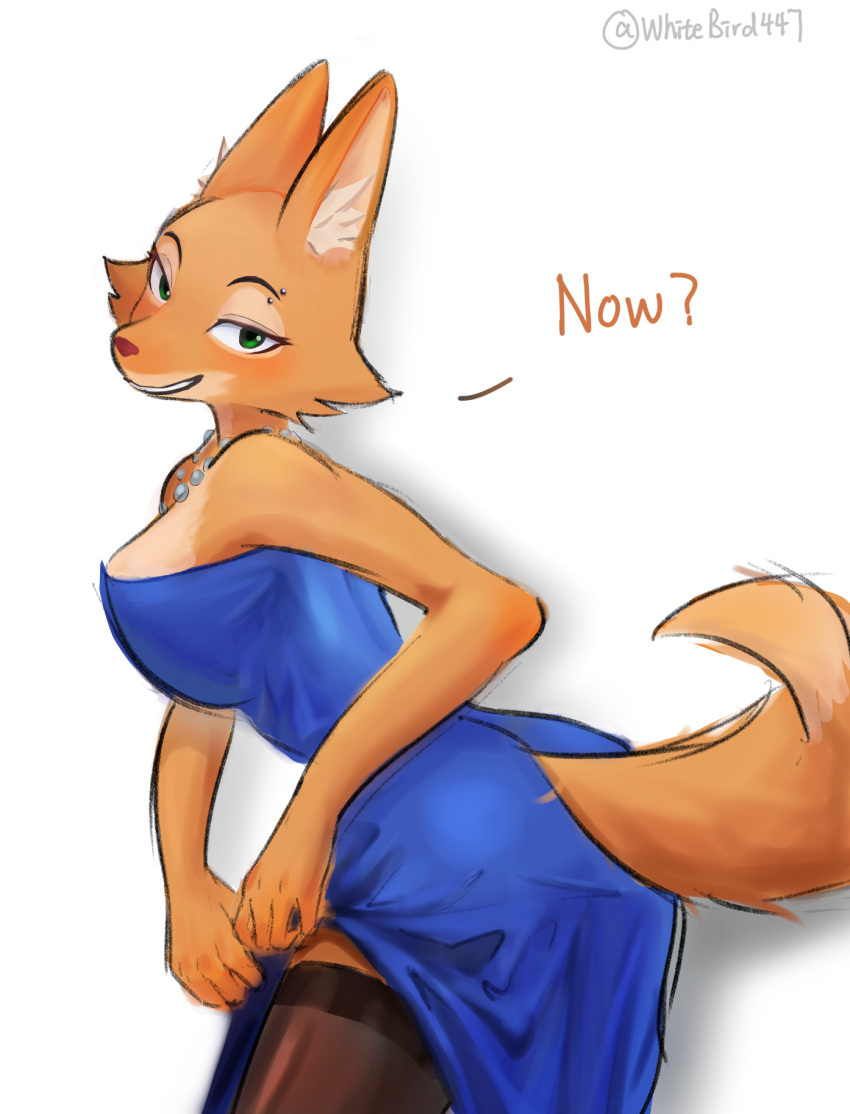 big_breasts blush breasts canid canine clothed clothing diane_foxington digital_media_(artwork) dreamworks dress eyebrow_piercing facial_piercing female fox fur furgonomics hi_res legwear looking_at_viewer mammal orange_body orange_fur piercing simple_background smile solo stockings tail text the_bad_guys whitebird447