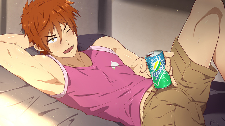 all_male bed blush drink free! male mazjojo mikoshiba_momotarou navel orange_hair short_hair shorts wink yellow_eyes