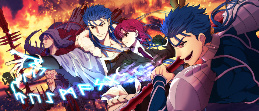 4boys angra_mainyu_(fate) armor bare_pectorals bazett_fraga_mcremitz black_gloves black_suit blue_bodysuit blue_hair blue_shawl bodysuit chest_tattoo clenched_hand commentary_request cu_chulainn_(caster)_(fate) cu_chulainn_(fate) cu_chulainn_alter_(fate) cu_chulainn_alter_(third_ascension)_(fate) dark_blue_hair double_v earrings facial_mark fate/grand_order fate/hollow_ataraxia fate/stay_night fate_(series) female formal gae_bolg_(fate) gloves highres holding holding_polearm holding_weapon jewelry kassan_(kassan_5a) long_hair multiple_boys necktie open_mouth pauldrons pectorals photobomb polearm ponytail purple_hair purple_necktie red_eyes runes shawl short_hair shoulder_armor smile spear suit tail tattoo v weapon