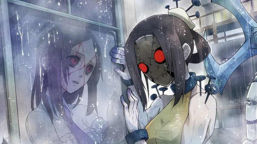 2girls artist_request black_sclera blade bleeding blood breasts brown_hair carol_(skullgirls) cuffs different_reflection hair_ornament hair_rings hato_moa mask mirror_opposites moa810 multiple_girls nail necktie open_mouth painwheel_(skullgirls) pale_skin rain red_eyes reflection scar school_uniform shackle shackles short_hair skullgirls spoilers veins wet window