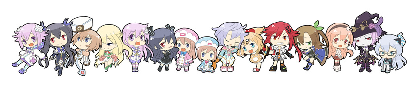 10s black_hair blanc blonde_hair blue_eyes blue_hair bow brown_hair chibi choujigen_game_neptune compa cup d-pad female green_eyes hair_ornament hairbow hat highres if_(choujigen_game_neptune) kiseijou_rei long_hair looking_at_viewer magiquone multiple_girls nepgear neptune_(choujigen_game_neptune) neptune_(series) noire pish purple_eyes purple_hair pururut ram_(choujigen_game_neptune) red_eyes ribbon rom_(choujigen_game_neptune) short_hair siblings sisters smile tennouboshi_uzume twins twintails two_side_up uni_(choujigen_game_neptune) vert wide_image yurax-mae