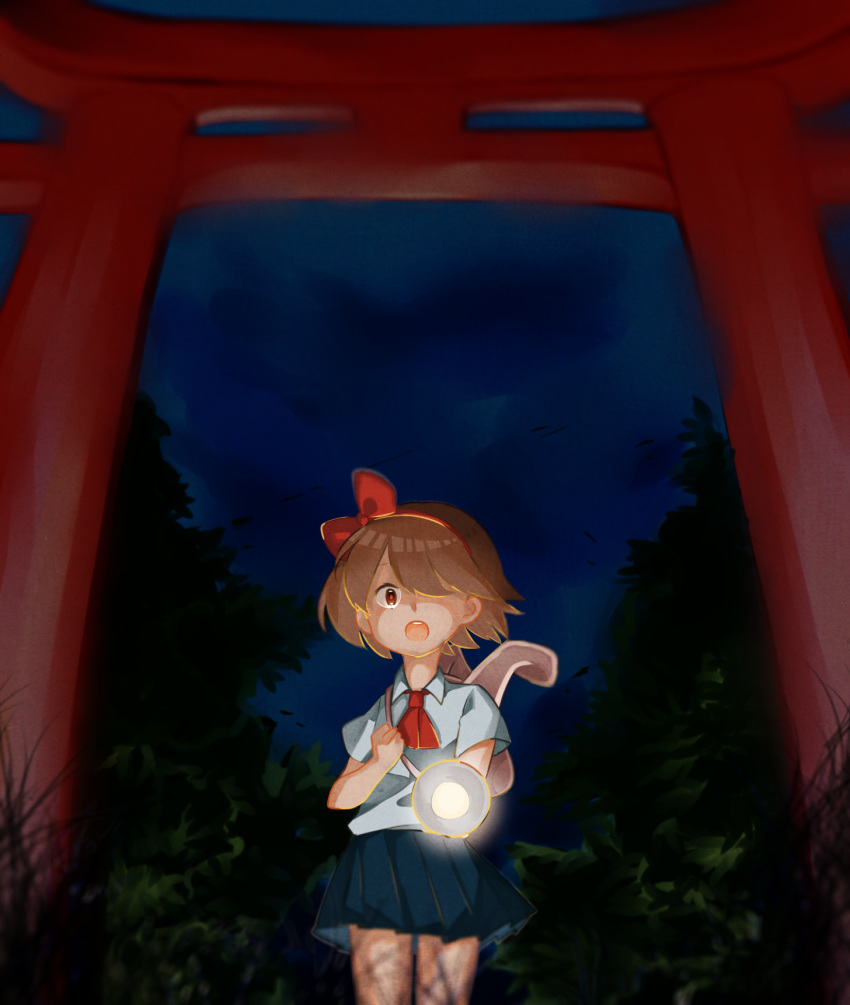 bad_id bad_pixiv_id bag bush commentary_request female flashlight forest grass hair_over_one_eye hair_ribbon highres looking_at_viewer nature night night_sky open_mouth outdoors pleated_skirt protagonist_(yomawari) red_ribbon ribbon sanma_(akou880909) school_uniform shirt short_hair shoulder_bag skirt sky torii white_shirt yomawari yomawari_(series)