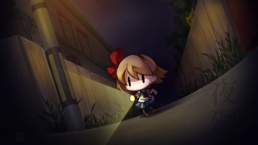 bag building chibi commentary_request feline female fence flashlight ghost grass hair_between_eyes hair_ribbon loafers monster night outdoors pleated_skirt pole protagonist_(yomawari) red_ribbon ribbon road ryofuhiko school_uniform shoes short_hair short_sleeves shoulder_bag skirt solo yomawari yomawari_(series)