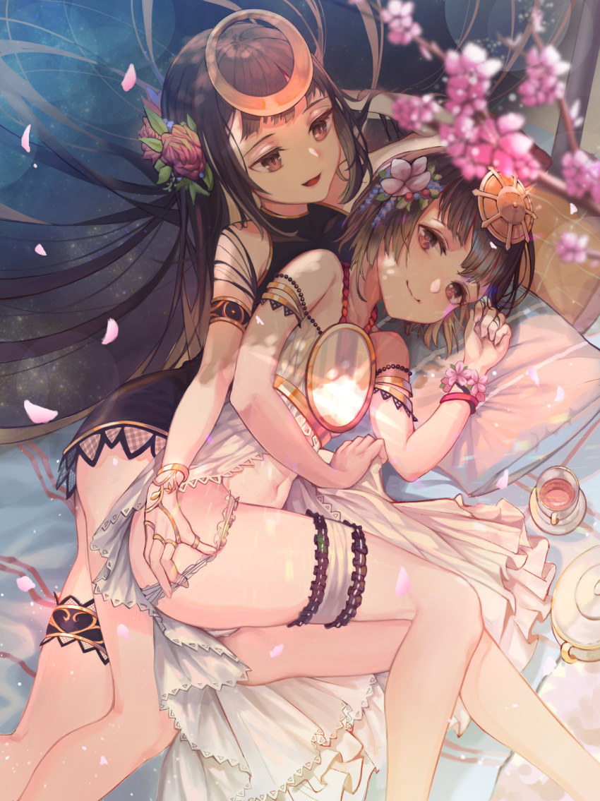 2girls amaterasu_(shingeki_no_bahamut) arm_behind_head arm_garter bad_id bad_pixiv_id bare_shoulders blurry bridal_garter brown_hair closed_mouth commentary cup elrusa flower hair_flower hair_ornament highres long_hair looking_at_another lying multiple_girls navel on_side open_mouth panties panty_pull petals pillow red_eyes shadowverse shingeki_no_bahamut short_hair smile teacup tsukuyomi_(shingeki_no_bahamut) underwear very_long_hair white_panties yuri