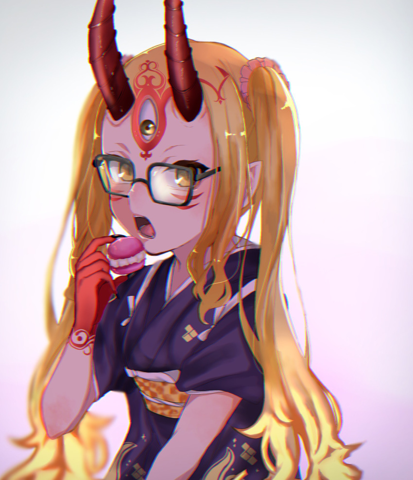 black-framed_eyewear blonde_hair chromatic_aberration commentary_request facial_mark fate/grand_order fate_(series) female fingernails food forehead_mark gaota glasses grey_background hand_up highres holding holding_food horns ibaraki_douji_(dress_for_demons)_(fate) ibaraki_douji_(fate) japanese_clothes kimono long_fingernails long_hair macaron obi oni oni_horns open_mouth purple_kimono sash short_sleeves sidelocks simple_background solo twintails very_long_hair