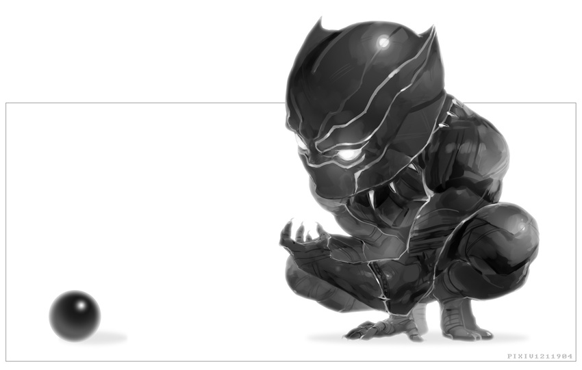 1boy ball black_panther black_panther_(marvel) cape chibi claws commentary_request double_tens greyscale male_focus marvel mask monochrome rectangle simple_background solo squatting superhero_costume t'challa white_background