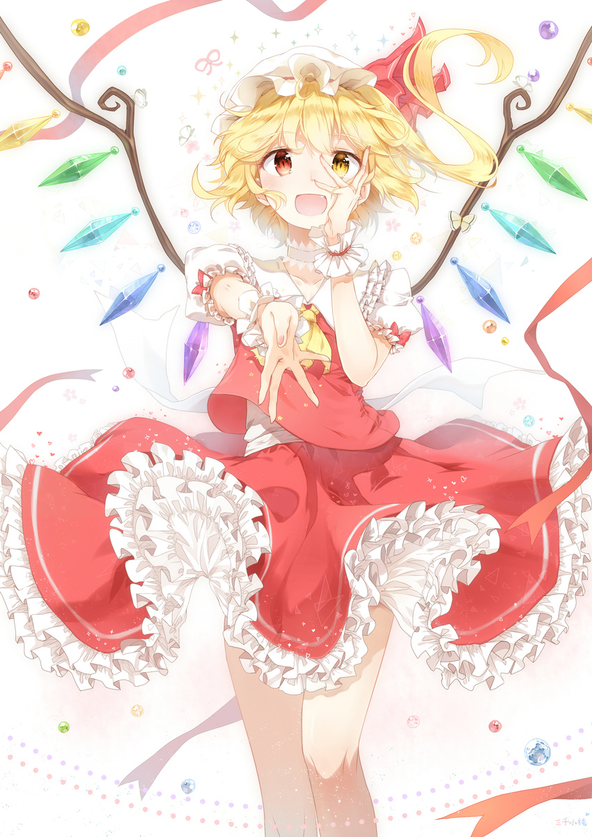 3000_xiao_chun absurdres commentary_request female flandre_scarlet frills hand_on_own_cheek hand_on_own_face hat hat_ribbon heterochromia highres looking_at_viewer mob_cap oerba_yun_fang open_mouth outstretched_hand puffy_short_sleeves puffy_sleeves red_eyes ribbon sash shirt short_sleeves side_ponytail skirt skirt_set smile solo touhou vest wings wrist_cuffs yellow_eyes