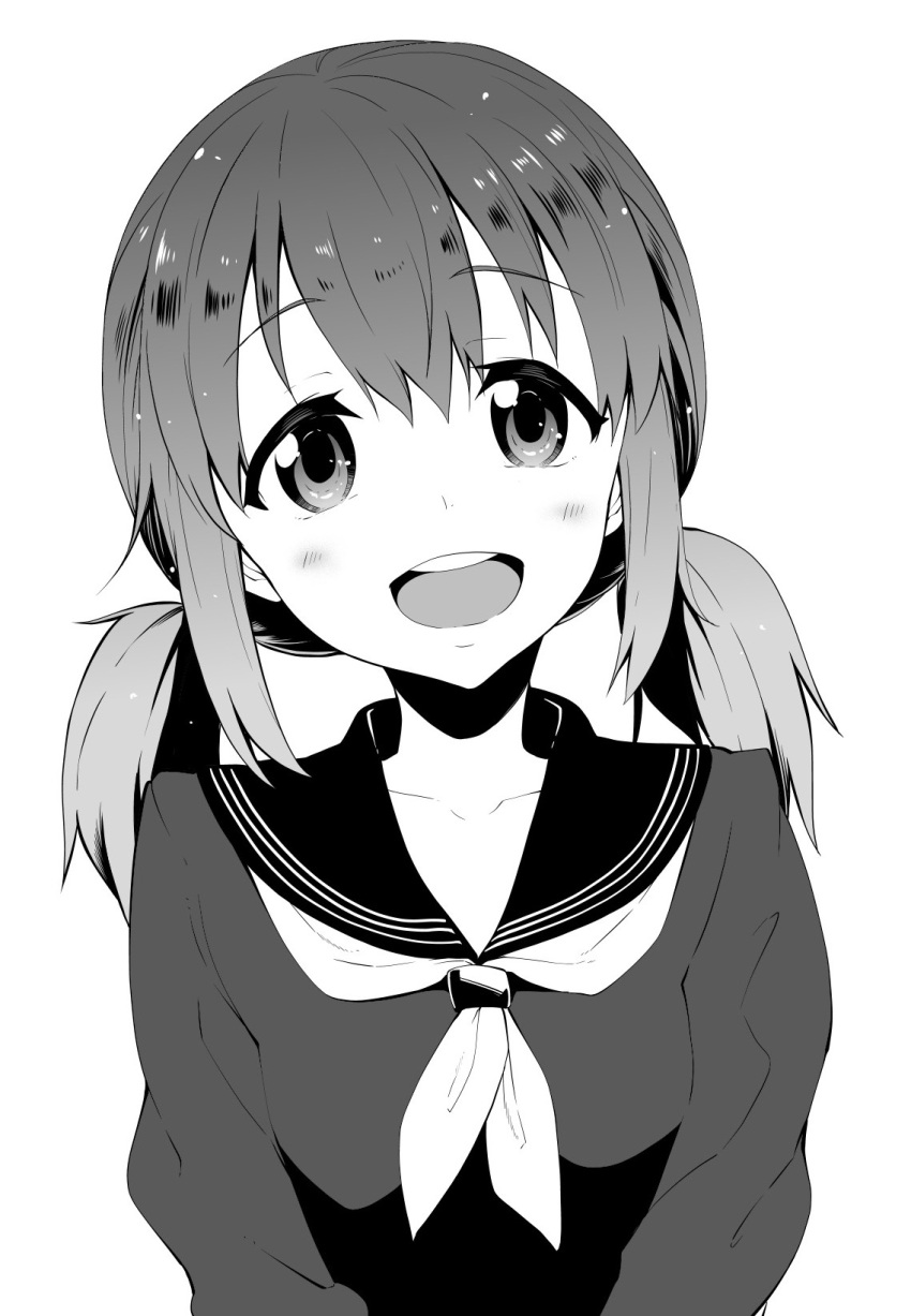 :d akino_sora blush commentary female greyscale head_tilt highres katayama_minami long_sleeves looking_at_viewer low_twintails monochrome neckerchief open_mouth photoshop_(medium) round_teeth school_uniform serafuku simple_background smile solo teeth twintails upper_body wake_up_girls! white_background