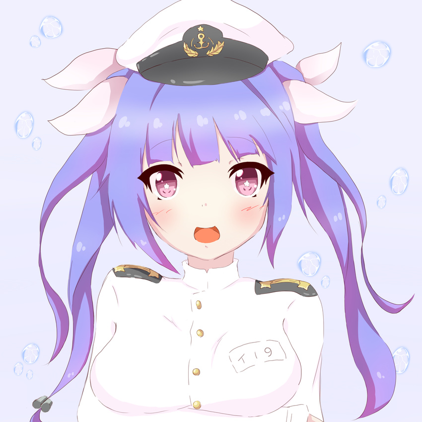 absurdres admiral_(kancolle) admiral_(kancolle)_(cosplay) blue_hair breasts commentary_request cosplay epaulettes female hair_ribbon hat highres i-19_(kancolle) kantai_collection large_breasts long_hair military military_uniform name_tag peaked_cap red_eyes ribbon solo star-shaped_pupils star_(symbol) symbol-shaped_pupils tri_tails uniform yasai_yuuki