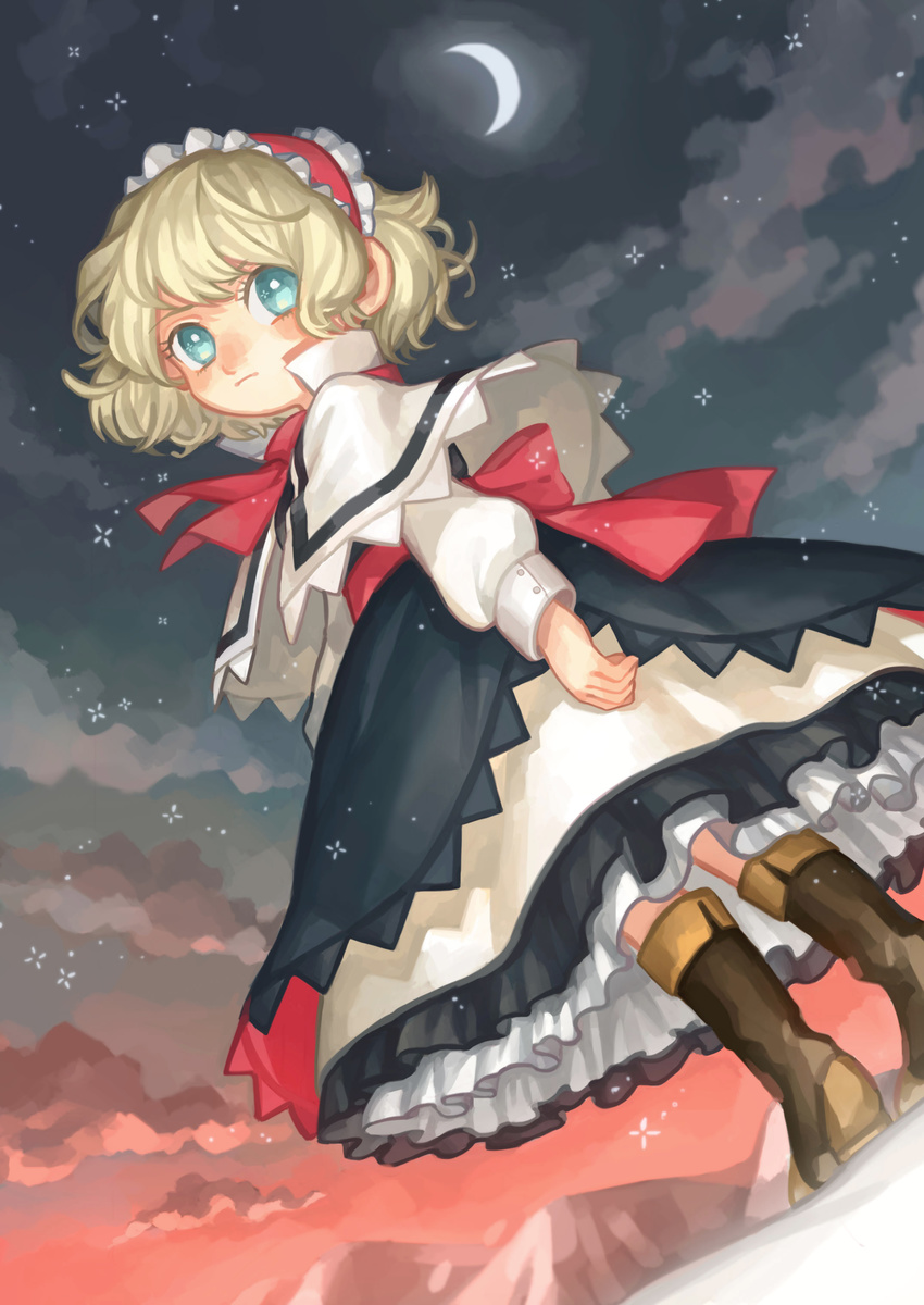 absurdres alice_margatroid bad_id bad_pixiv_id blonde_hair blue_dress blue_eyes blush boots capelet cloud crescent_moon dress dutch_angle female hairband highres layered_dress long_sleeves moon night night_sky petticoat puffy_sleeves ribbon sash short_hair sky solo touhou yai_(hachihito)