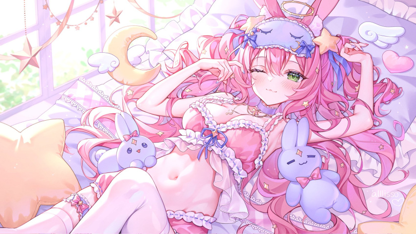 alllisso artist_name bow breasts choker crescent crescent_necklace crescent_pillow dreamy_etude female green_eyes hair_ornament halo highres indie_virtual_youtuber jewelry long_hair lying navel necklace on_back one_eye_closed pillow pink_bow pink_hair purple_bow purple_choker purple_ribbon ribbon sleep_mask solo star-shaped_pillow star_(symbol) star_choker star_hair_ornament stuffed_toy thigh_strap thighhighs virtual_youtuber white_thighhighs window