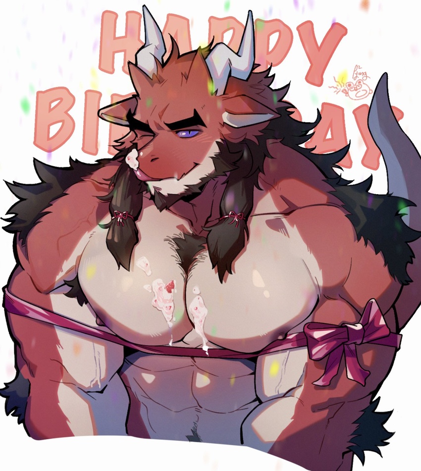 1boy armpit_hair armpit_hair_peek bara black_shorts breath chest_tuft cropped_torso delga dragon_boy facial_hair fluffy food food_on_body food_on_face food_on_pectorals from_side furry furry_male gift_art goatee happy_birthday highres large_pectorals long_hair looking_at_viewer male_focus monster_(game) muscular muscular_male navel_hair nipples one_eye_closed pectoral_squeeze pectorals pink_fur ppyong profile purple_eyes seductive_smile short_twintails shorts smile solo tusks twintails underbust