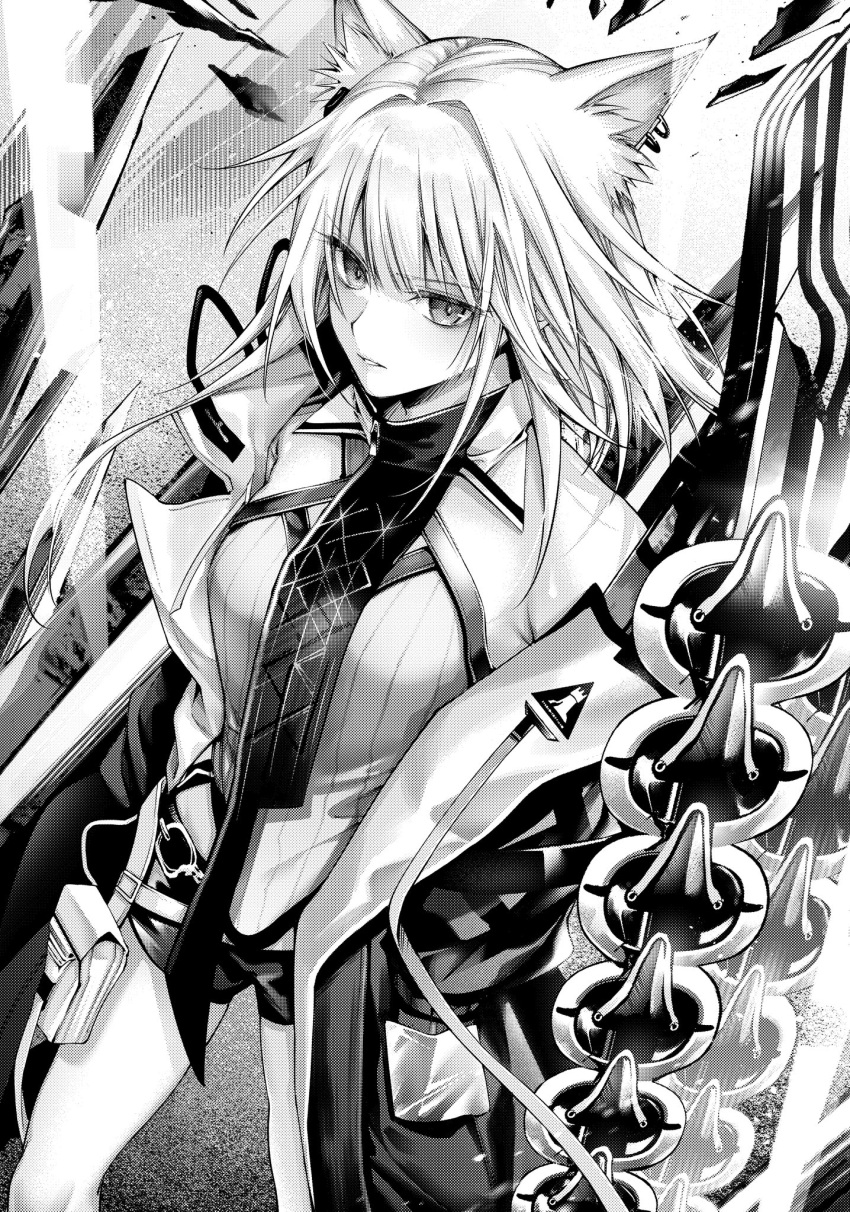 animal_ears arknights cat_ears coat female from_above greyscale hands_in_pockets highres kal'tsit_(arknights) kal'tsit_(remnant)_(arknights) medium_hair monochrome official_alternate_costume open_clothes open_coat parted_lips senju_yosiyuki short_shorts shorts solo zipper zipper_pull_tab