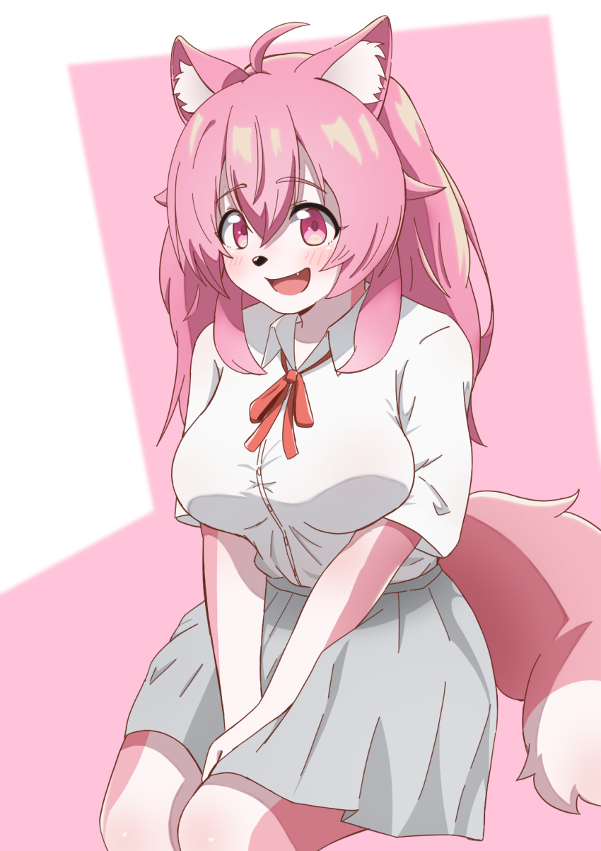 anthro big_breasts biped blush blush_lines bottomwear bow_tie breasts canid canine canis clothed clothing dipstick_tail extinct fangs feet female fluffy fluffy_tail grey_bottomwear grey_clothing grey_skirt hair hi_res inner_ear_fluff japanese_wolf kemono legs_together looking_at_viewer mammal markings momoka_(takamura) multicolored_body open_mouth open_smile pink_body pink_eyes pink_hair pink_tail pleated_skirt recently_extinct_species school_uniform shirt sitting skirt smile solo tail tail_markings takamura teeth toes topwear tuft two_tone_body uniform white_body white_clothing white_dress_shirt white_shirt white_topwear wolf