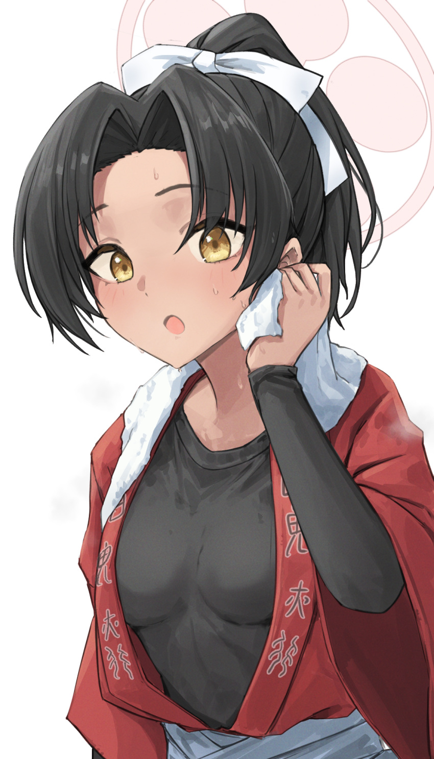 bag_(chrko_bag) black_hair black_shirt blue_archive blush breasts breasts_apart dark-skinned_female dark_skin female halo hand_up high_ponytail highres holding holding_towel layered_sleeves long_sleeves looking_at_viewer open_clothes open_mouth parted_bangs red_halo red_haori rickshaw_student_(blue_archive) shirt short_hair short_over_long_sleeves short_sleeves simple_background solo steam steaming_body sweat sweat_stain sweaty_clothes towel towel_around_neck upper_body wet wet_clothes wet_shirt white_background wiping_sweat yellow_eyes