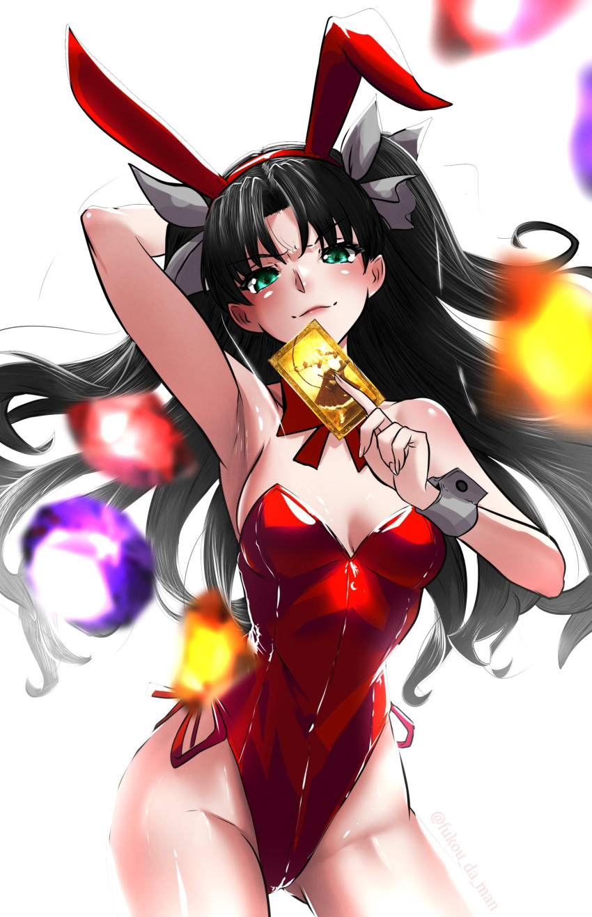 absurdres animal_ears archer_class_(fate) arm_up armpits black_hair breasts card fate/stay_night fate_(series) feet_out_of_frame female fukou green_eyes highres holding holding_card leotard long_hair playboy_bunny rabbit_ears red_leotard red_ribbon ribbon simple_background sleeveless small_breasts solo strapless strapless_leotard tohsaka_rin twintails white_background