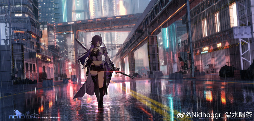 absurdres acheron_(honkai:_star_rail) asymmetrical_footwear black_choker black_gloves black_shorts boots breasts chains character_name choker cityscape cleavage coat coattails detached_sleeves female full_body game_screenshot_inset gloves glowing glowing_eye hair_over_one_eye highres honkai:_star_rail honkai_(series) leg_tattoo long_hair midriff mixed_media multicolored_hair navel nid417 purple_eyes purple_hair rain road_sign scabbard sheath sheathed short_shorts shorts sign single_bare_shoulder solo standing stomach streaked_hair sword tattoo thigh_boots train weapon weibo_logo weibo_watermark white_coat