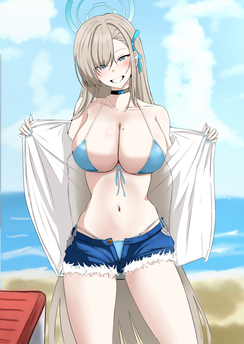 absurdres aizawa_u-ji alternate_costume asuna_(blue_archive) beach bikini bikini_under_clothes blue_archive blue_bikini blue_eyes blue_shorts breasts choker collarbone cowboy_shot cutoffs day denim denim_shorts female front-tie_bikini_top front-tie_top hair_over_one_eye halo highres large_breasts light_brown_hair long_hair looking_at_viewer micro_shorts mole mole_on_breast navel open_clothes open_fly open_shirt outdoors shorts side-tie_bikini_bottom smile solo standing stomach string_bikini swimsuit very_long_hair