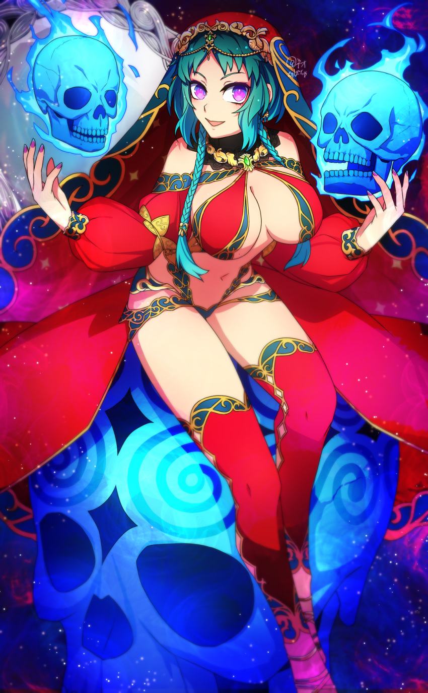 :d arabian_clothes bare_shoulders bikini braid breasts cleavage commentary_request cross-laced_sandals detached_sleeves earrings fate/grand_order fate_(series) female flaming_skull floating_skull full_body gem giant_skull green_gemstone green_hair harem_outfit highres jewelry large_breasts long_hair looking_at_viewer low_twin_braids navel necklace neo_kabocha no_mole open_mouth parted_bangs partial_commentary purple_eyes red_bikini red_sleeves red_thighhighs red_veil salome_(fate) sidelocks sitting skull smile solo stomach swimsuit thighhighs twin_braids veil