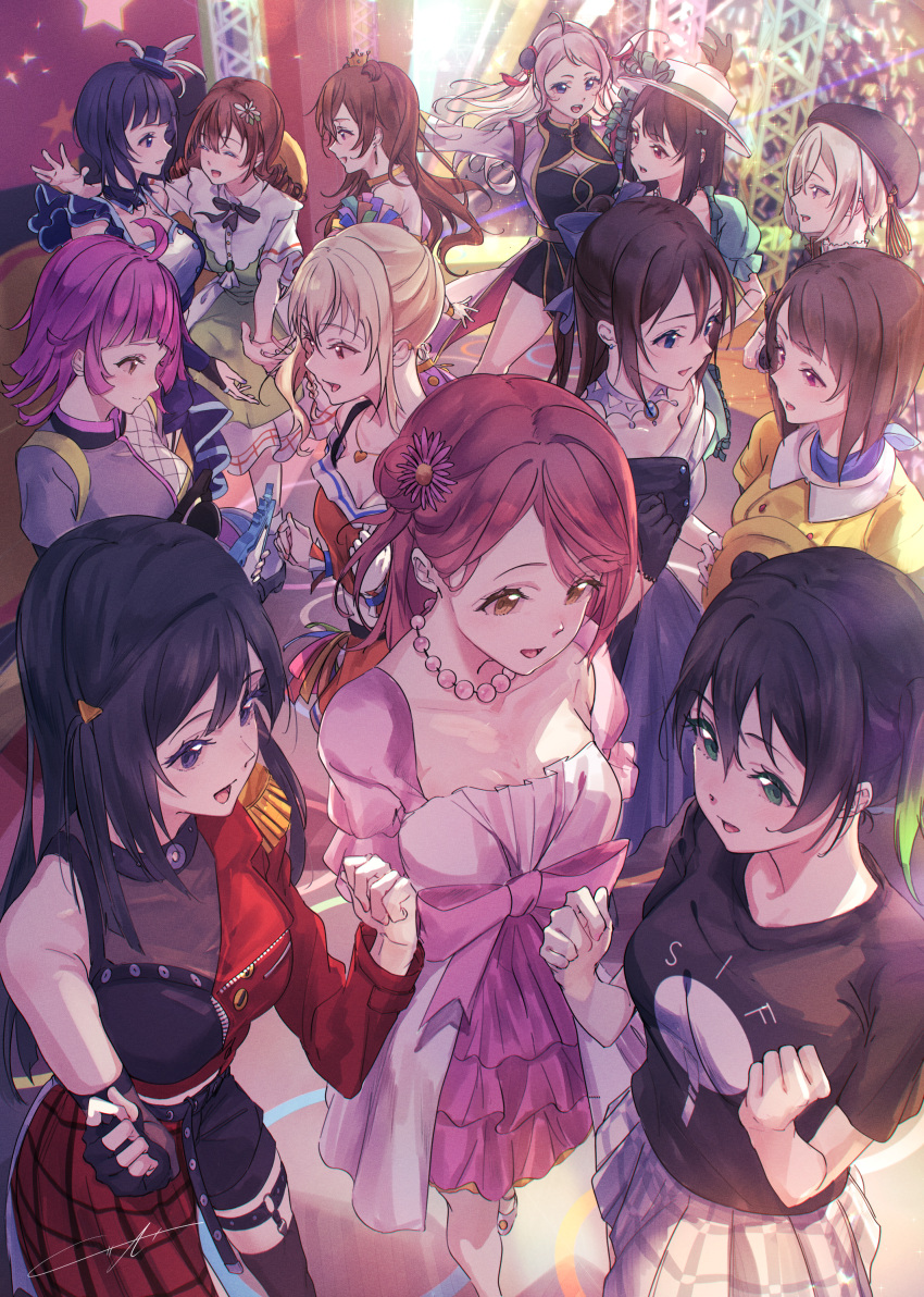 6+girls ^_^ absurdres ahoge asaka_karin asymmetrical_dress asymmetrical_jacket awakening_promise_(love_live!) bead_necklace beads beret black_dress black_hair black_hat black_headphones black_jacket black_ribbon black_shirt black_shorts black_thighhighs blonde_hair blue_bow blue_collar blue_eyes blue_hair blue_hat blunt_bangs blunt_ends boater_hat bob_cut bow breasts brown_hair butterfly_(love_live!) chromatic_aberration cleavage cleavage_cutout clenched_hand closed_eyes closed_mouth clothes_writing clothing_cutout collar collarbone collared_dress crop_top crop_top_overhang cropped_jacket crown daisy dark_blue_hair dive!_(love_live!) double-parted_bangs double_bun dress drill_hair emma_verde emotion_(love_live!) epaulettes eutopia_(love_live!) everyone flower frilled_dress frills from_above gradient_hair green_dress green_hair grey_hair grey_jacket hair_between_eyes hair_bun hair_flower hair_ornament hairbow half-skirt half_updo hat hat_on_back heart heart_necklace highres holding holding_clothes holding_hat holding_mask inverted_bob jacket jewelry konoe_kanata kuziaaizuk la_bella_patria_(love_live!) large_breasts leaning_forward long_hair long_sleeves looking_at_another love_live! love_live!_nijigasaki_high_school_idol_club mask medium_breasts mia_taylor mifune_shioriko mini_crown mini_hat mini_top_hat miyashita_ai multicolored_hair multiple_girls nakasu_kasumi neck_ribbon necklace off-shoulder_dress off-shoulder_shirt off_shoulder one_side_up open_mouth orange_eyes orange_shirt osaka_shizuku pink_dress pink_eyes pink_flower pink_hair pink_jacket ponytail poppin'_up_(love_live!) puffy_short_sleeves puffy_sleeves purple_eyes red_eyes red_jacket red_skirt ribbon rina-chan_board saiko_heart_(love_live!) shirt short_hair short_sleeves shorts side_ponytail side_up_bun sidelocks sideways_mouth sif_staff_shirt signature single_epaulette skirt smile solitude_rain_(love_live!) stage stars_we_chase_(love_live!) takasaki_yu tennoji_rina thighhighs top_hat tsunagaru_connect_(love_live!) twin_drills twintails two-tone_dress uehara_ayumu vivid_world_(love_live!) waist_bow wavy_hair white_dress white_flower white_hat white_shirt yellow_dress yellow_eyes yellow_hat yuki_setsuna_(love_live!) zhong_lanzhu