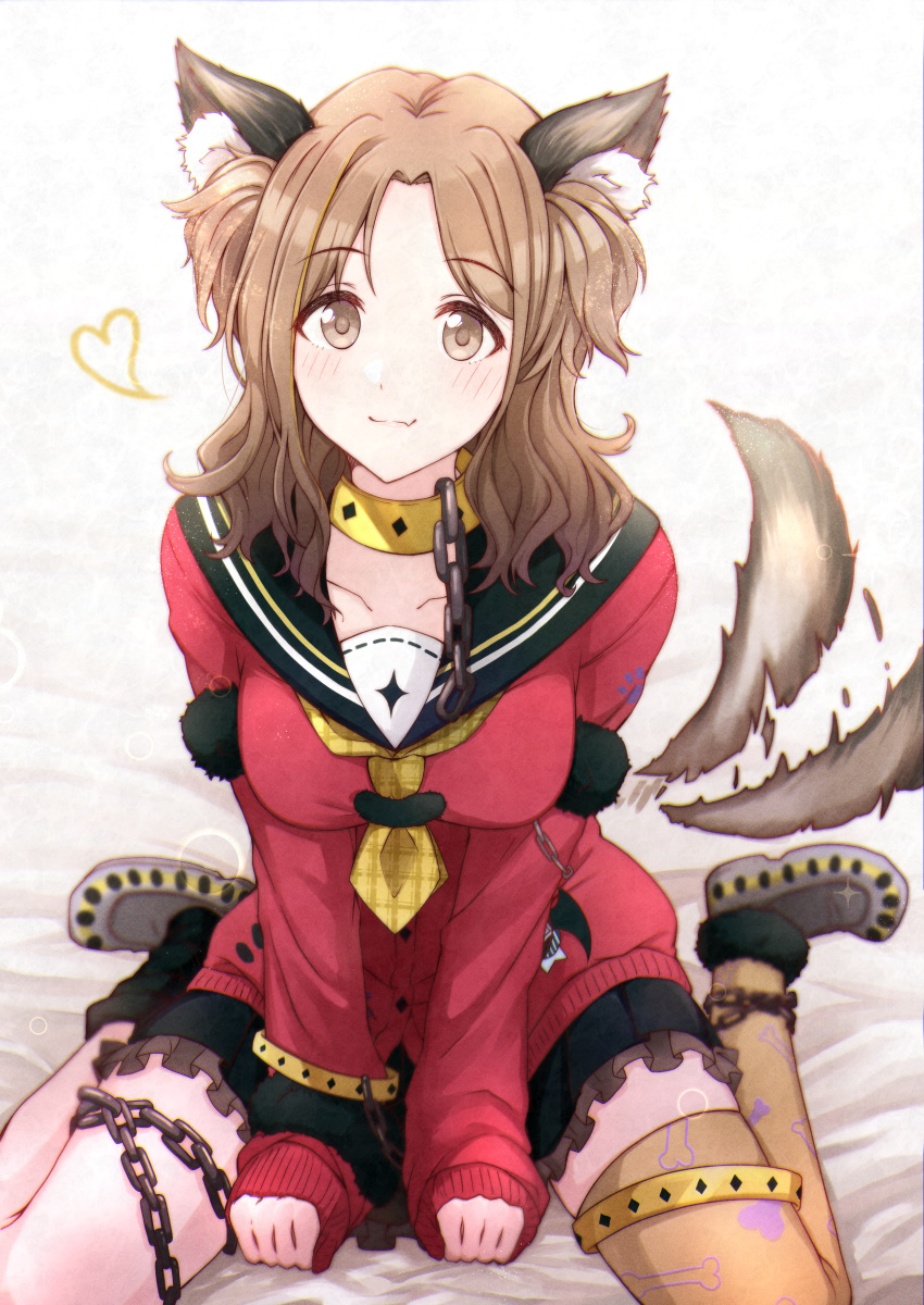 absurdres animal_collar animal_ear_fluff animal_ears asymmetrical_legwear black_sailor_collar black_skirt black_socks bone_print breasts brown_eyes brown_hair cardigan chain_leash chains collar frilled_skirt frills grey_footwear highres ichikawa_hinana idolmaster idolmaster_shiny_colors kusaka_io large_breasts leash long_hair looking_at_viewer miniskirt mismatched_legwear neckerchief oerba_yun_fang pleated_skirt red_cardigan sailor_collar school_uniform serafuku single_sock single_thighhigh sitting skin_fang skirt socks tail tail_wagging thighhighs uneven_legwear wariza wolf_ears wolf_tail yellow_neckerchief yellow_thighhighs