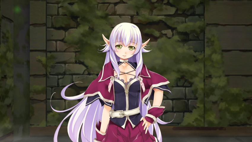 atelier-moo belt breasts cleavage cloak closed_mouth cowboy_shot dark_elf detached_sleeves dungeon elf female hair_between_eyes hand_on_own_hip highres large_breasts long_hair long_pointy_ears looking_at_viewer looking_down miniskirt narrow_waist pointy_ears purple_cloak purple_hair sad silvia_milsteen skirt solo standing very_long_hair wizards_symphony yellow_eyes