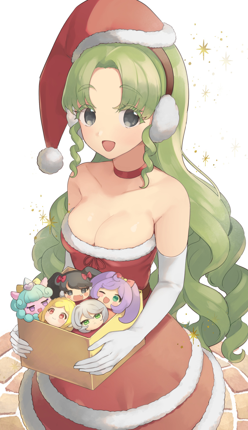 :d absurdres bad_id bad_twitter_id bare_shoulders box breasts brick_floor character_doll choker cleavage colored_eyelashes commentary_request dress earmuffs elbow_gloves falulu falulu_(awakened) female fur-trimmed_dress fur-trimmed_headwear fur_trim gaaruru_(pripara) gloves green_hair grey_eyes hair_down hat highres holding holding_box inactive_account large_breasts long_hair looking_at_viewer manaka_laala midorikaze_fuwari open_mouth parted_bangs pom_pom_(clothes) pretty_series pripara red_choker red_dress red_hat santa_costume santa_hat shikyoin_hibiki shiyurinpu sidelocks smile solo standing strapless strapless_dress unicorn_(pripara) very_long_hair white_gloves