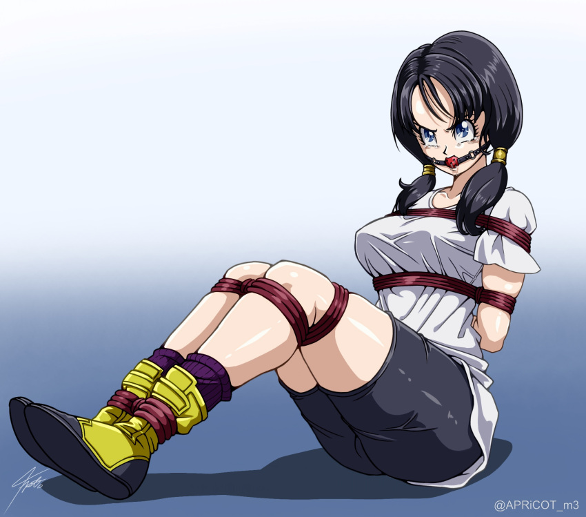 bike_shorts black_hair blue_eyes bondage bondage bound breasts dragon_ball dragon_ball_z female full_body gagged highres long_hair sakura_painter shirt signature simple_background solo twintails videl white_shirt