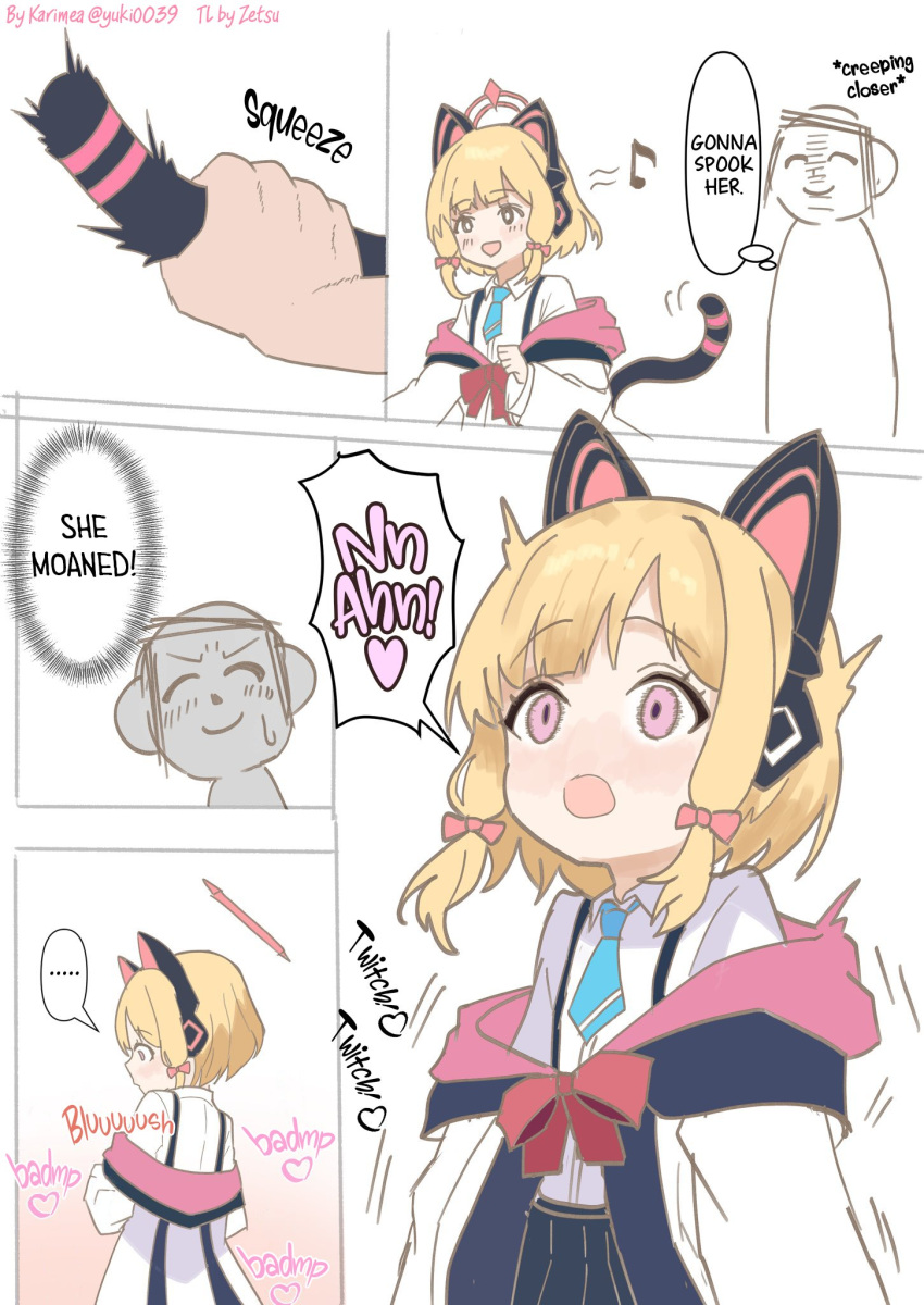 ... ^^^ animal_ear_headphones animal_ears black_skirt blonde_hair blue_archive blue_necktie blush bow bowtie cat_ear_headphones cat_tail doodle_sensei_(blue_archive) english_text fake_animal_ears grabbing_another's_tail hairbow halo hard-translated headphones heart highres hood hoodie karimea momoi_(blue_archive) multiple_hair_bows musical_note necktie open_mouth pink_eyes pink_halo pink_hoodie red_bow red_bowtie sensei_(blue_archive) shirt short_hair short_twintails skirt speech_bubble suspender_skirt suspenders tail third-party_edit thought_bubble twintails white_shirt