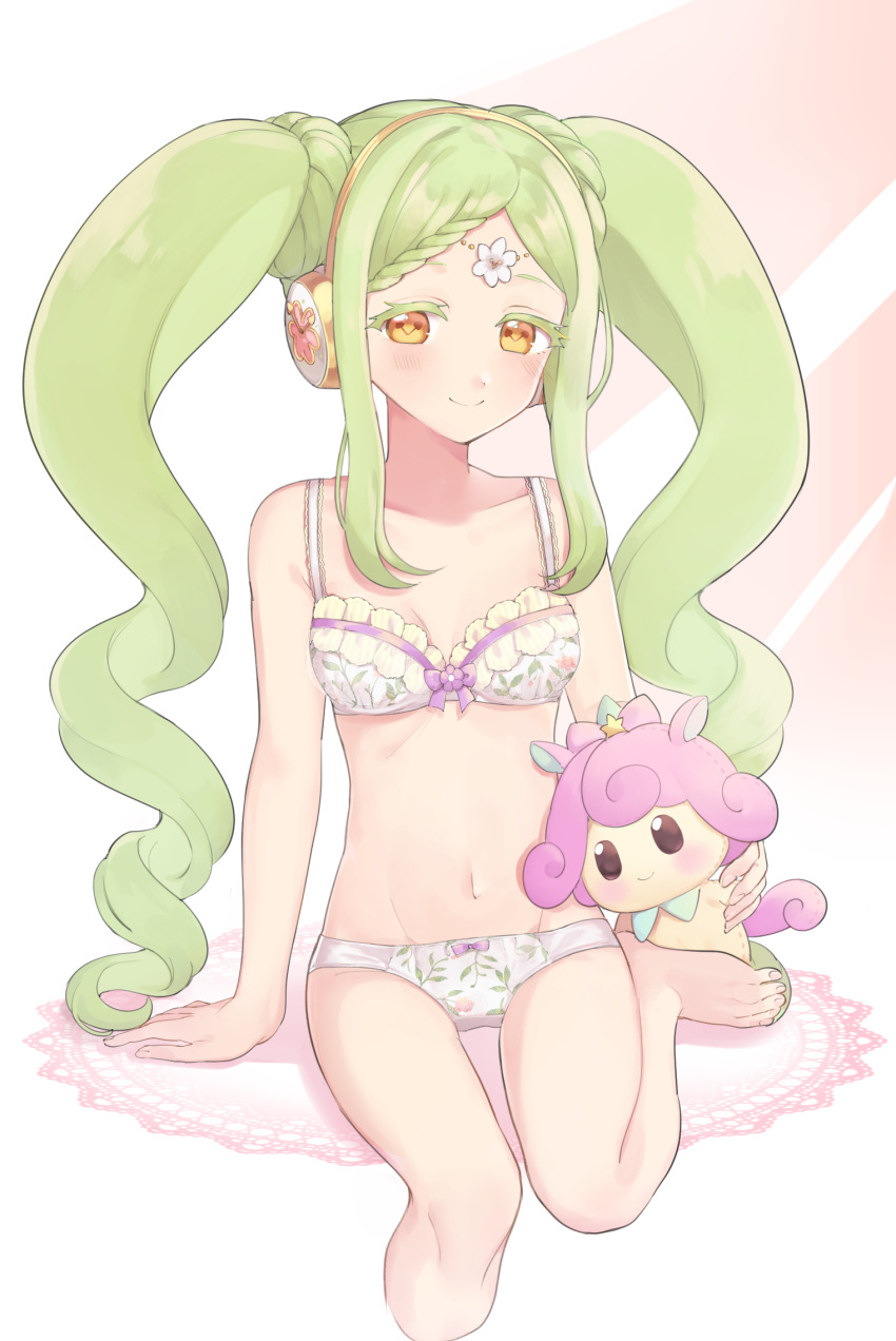 arm_support bad_id bad_twitter_id bare_shoulders barefoot bow bow_bra bra braid braided_bangs breasts closed_mouth commentary_request cropped_legs falala_a_larm female floral_print foot_out_of_frame frilled_bra frills green_hair head_chain headphones highres idol_time_pripara jewelry leg_up long_hair looking_at_viewer navel panties pretty_series print_bra print_panties pripara punicorn shiyurinpu sitting small_breasts smile solo stuffed_unicorn symbol-shaped_pupils twintails underwear underwear_only very_long_hair white_bra white_panties yellow_eyes