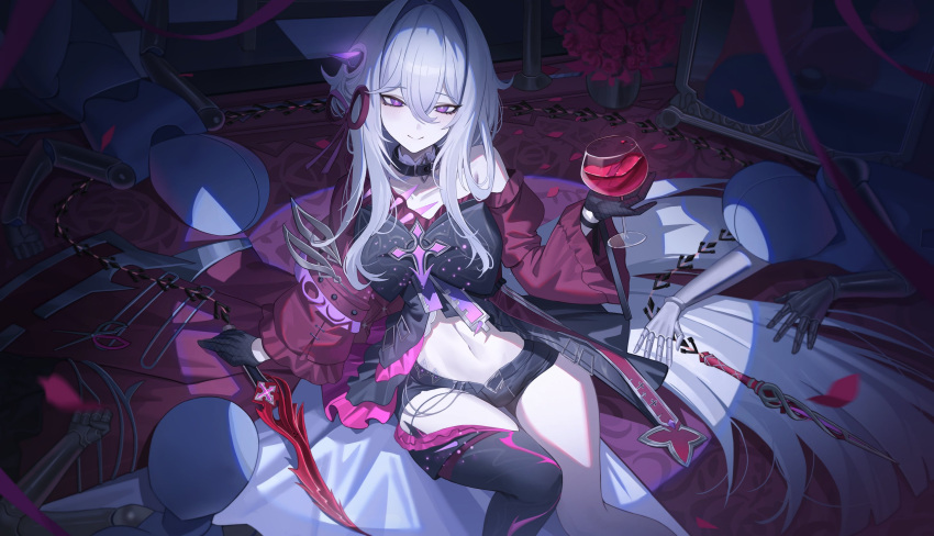 anklet belly black_choker black_gloves black_ribbon black_shorts bright_pupils chains choker cross cup drink drinking_glass falling_petals female flower gloves hair_ornament highres holding holding_cup holding_drink honkai_(series) honkai_impact_3rd jacket jewelry jeze long_hair long_sleeves looking_at_viewer low_light navel petals puppet purple_eyes red_jacket red_ribbon ribbon second-party_source shorts single_bare_leg single_bare_shoulder single_leg_pantyhose sitting thelema_(honkai_impact) very_long_hair weapon whip_sword white_pupils wine_glass