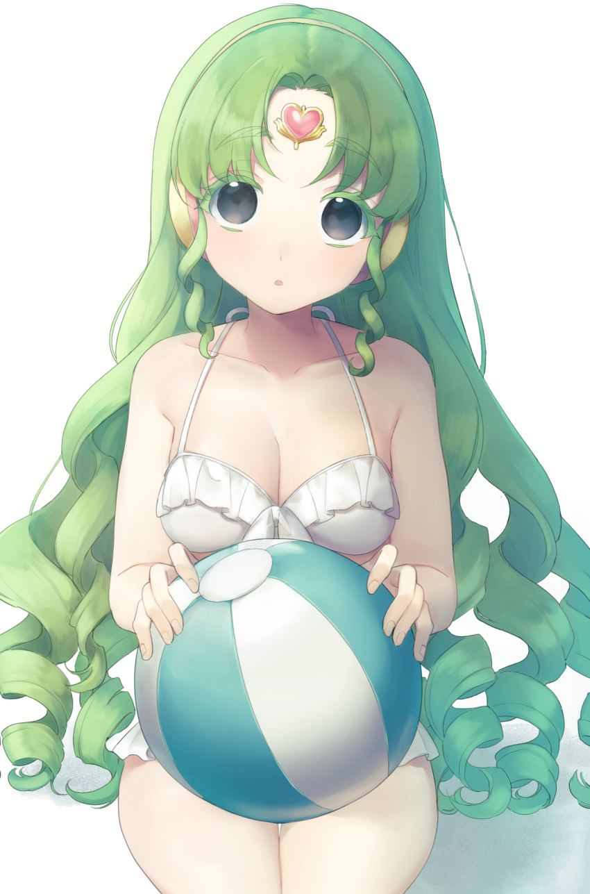 :o bad_id bad_twitter_id ball bare_shoulders beachball bikini breasts cleavage commentary_request cowboy_shot falulu falulu_(awakened) female forehead_jewel frilled_bikini frills green_hair grey_eyes hair_down headphones highres holding holding_ball holding_beachball large_breasts long_hair looking_at_viewer open_mouth parted_bangs pretty_series pripara shiyurinpu simple_background sitting solo swimsuit very_long_hair white_background white_bikini