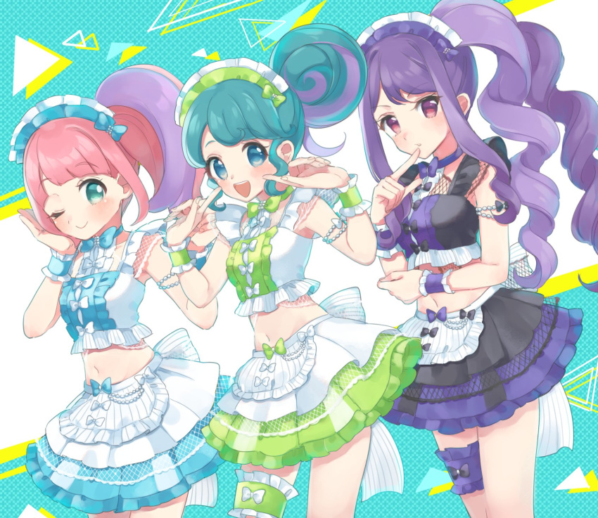 3girls :d apron back_bow bad_id bad_twitter_id bare_shoulders bikini black_skirt blue_bow blue_eyes blue_hair blue_skirt bow bridal_garter center_frills closed_mouth frilled_cuffs frilled_skirt frills green_bow green_skirt hair_bun hands_up highres idol_clothes inactive_account junon_(pripara) kanon_(pripara) kiratto_pri_chan long_hair looking_at_viewer maid maid_bikini maid_headdress multicolored_hair multiple_girls one_eye_closed open_mouth pink_hair pinon_(pripara) pretty_series pripara purple_bow purple_eyes purple_hair shiyurinpu side_ponytail sidelocks single_side_bun skirt smile standing streaked_hair summer_maid_coord swimsuit triangle unconventional_maid waist_apron wrist_cuffs