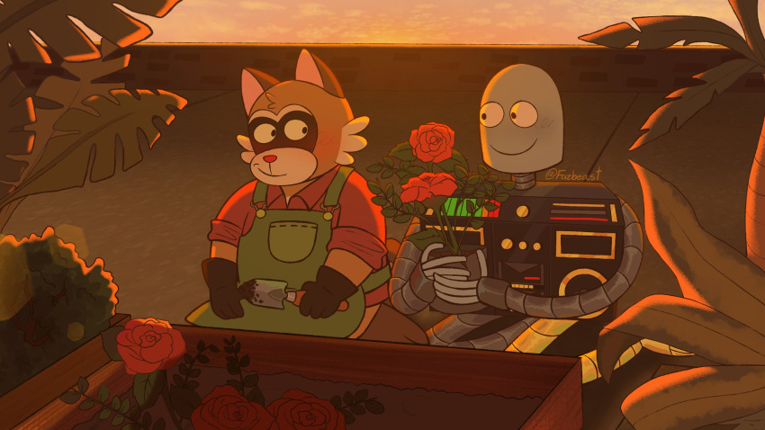 16:9 2024 anthro apron biped clothing detailed_background duo fazbeast flower garden gardening hi_res machine mammal outside plant procyonid raccoon rascal_(robot_dreams) robot robot_(robot_dreams) robot_dreams shirt slightly_chubby smile topwear widescreen