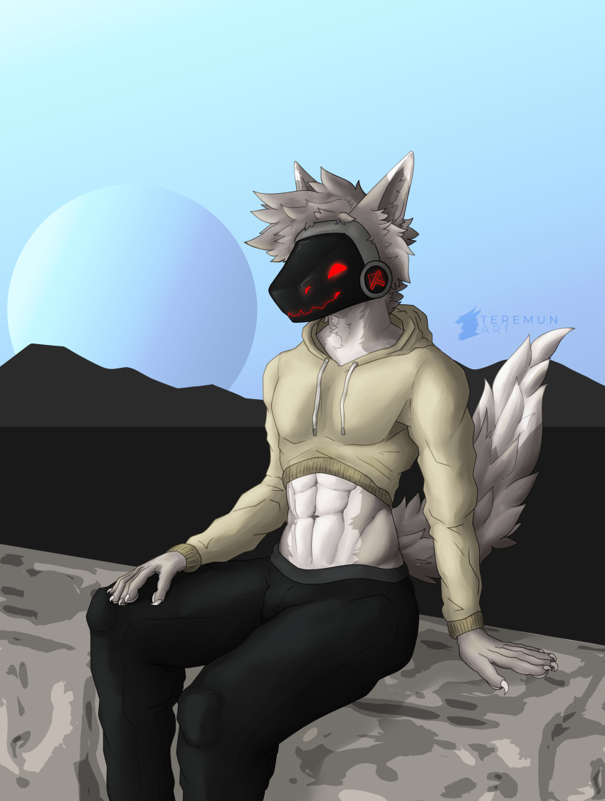 abs absurd_res anthro athletic athletic_male bottomwear clothed clothing crop_top cropped_hoodie fur glowing glowing_eyes hair hi_res hoodie legwear looking_at_viewer machine male muscular pants protogen shirt simple_background sitting smile solo tail teremunart topwear unknown_character visor white_body