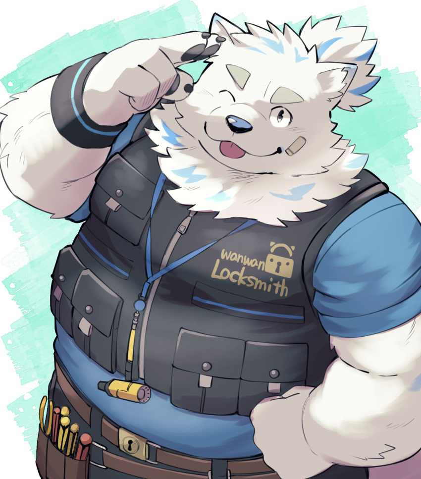 1boy animal_ears bandaid bandaid_on_face bara belt black_wristband blue_fur blue_shirt cowboy_shot dog_boy dog_ears fat fat_man furry furry_male hand_on_own_hip highres kinoshita_jiroh lanyard light_blush live_a_hero lock looking_at_viewer male_focus multicolored_hair multiple_belts one_eye_closed pawpads ponytail salute shirt short_sleeves solo standing streaked_hair thick_eyebrows tongue tongue_out two-finger_salute utility_vest white_fur yohack