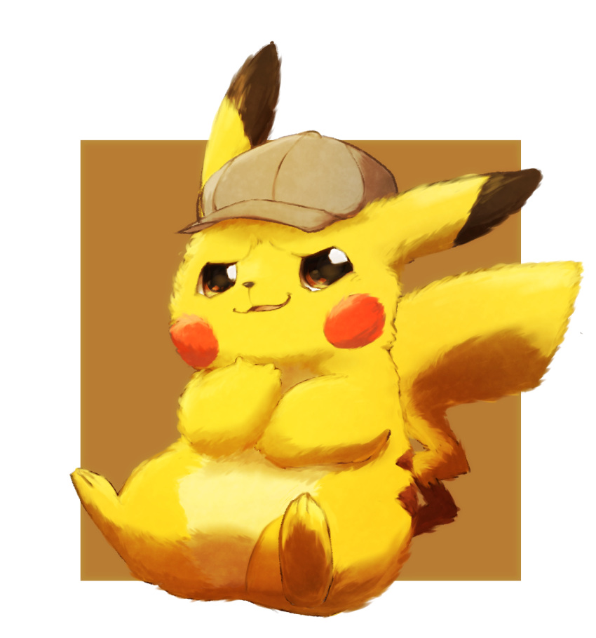 ambiguous_gender anthro brown_eyes clothing deerstalker_hat detective detective_pikachu detective_pikachu_(video_game) feral fluffy generation_1_pokemon hat headgear headwear hi_res long_ears mammal nintendo open_mouth pikachu pokemon pokemon_(species) smile solo tooboe_huusuke