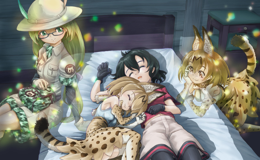 4girls :3 animal_ears bare_shoulders bed black_gloves black_hair black_pantyhose blonde_hair blush bow bowtie brown_bow brown_bowtie camouflage_trim closed_eyes collared_shirt commentary_request curled_up dual_persona elbow_gloves extra_ears fanny_pack glasses gloves green_eyes green_hair grey_shorts hairbow high-waist_skirt highres japari_symbol kaban_(kemono_friends) kemono_friends long_hair midriff_peek mirai_(kemono_friends) multiple_girls naka_(nicovideo14185763) navel necktie no_headwear pantyhose ponytail print_bow print_bowtie print_gloves print_necktie print_skirt print_thighhighs red_shirt serval_(kemono_friends) serval_print shirt short_hair short_sleeves shorts skirt sleeping sleeveless t-shirt tail thighhighs translucent two-tone_bowtie uniform white_bow white_bowtie white_shirt yellow_eyes zettai_ryouiki