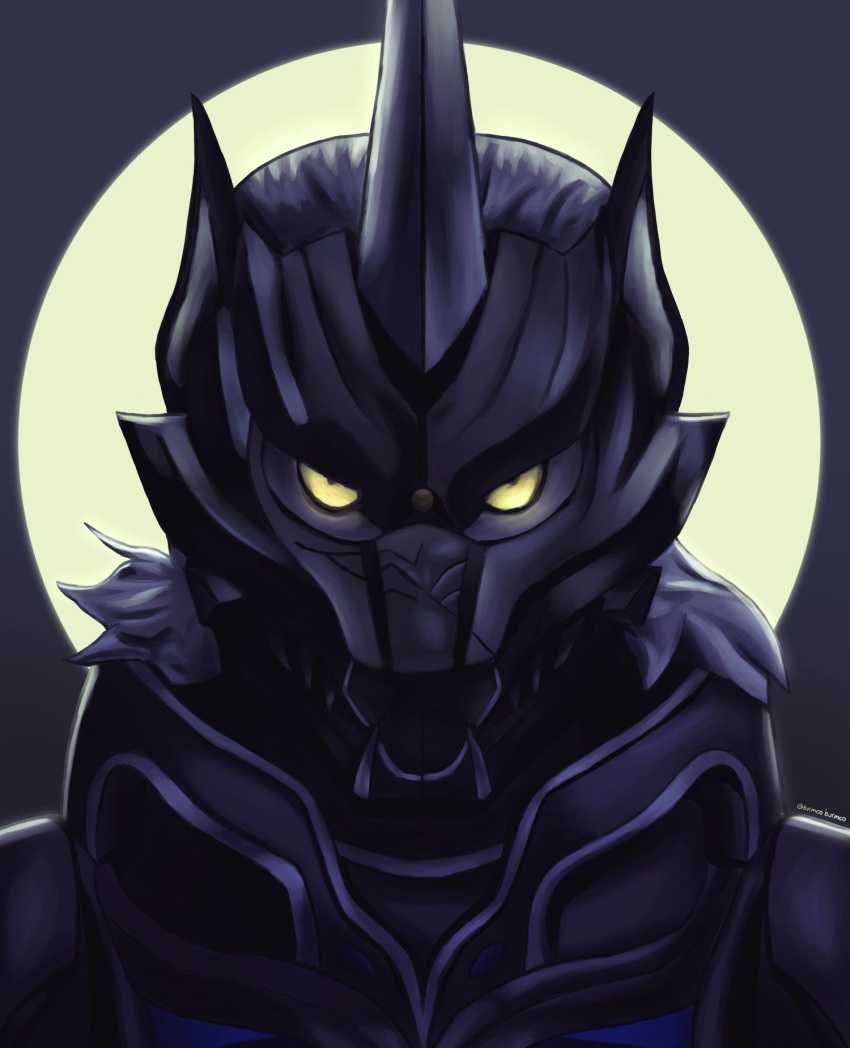 2021 anthro armor black_armor burmeoburmeo bust_portrait canid canine canis clothing dark_body dark_fur digital_drawing_(artwork) digital_media_(artwork) front_view full_moon fur glowing glowing_eyes hi_res horn male mammal mask moon portrait power_rangers power_rangers_wild_force solo wolf yellow_sclera zen-aku