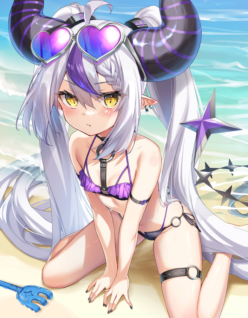 absurdres ahoge bare_shoulders bikini black_bikini black_choker black_nails blush braid choker closed_mouth commentary_request demon_girl demon_horns ear_piercing eyewear_on_head female grey_hair hair_between_eyes heart heart-shaped_eyewear highres hololive horns la+_darknesss long_hair looking_at_viewer mafuyun multicolored_hair navel o-ring o-ring_bikini o-ring_thigh_strap outdoors piercing pointy_ears purple_bikini purple_hair sidelocks sitting solo streaked_hair striped_horns sunglasses swimsuit thigh_strap twintails very_long_hair virtual_youtuber wariza water yellow_eyes