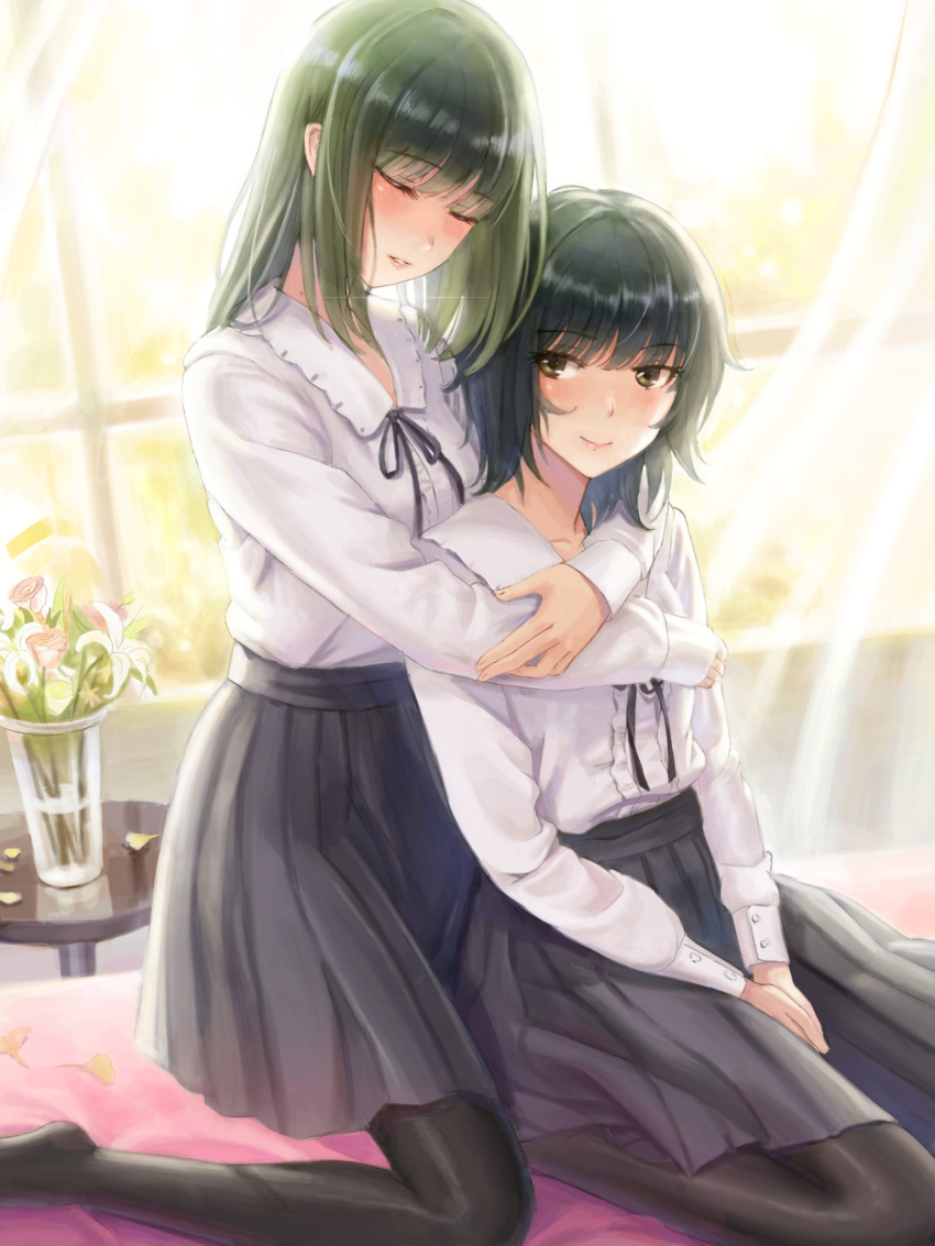 2girls between_legs black_hair black_legwear black_ribbon blush center_frills chinese_commentary closed_eyes flower flowers_(innocent_grey) frills green_hair hand_between_legs highres hug hug_from_behind kafkasea kneeling medium_hair multiple_girls no_shoes own_hands_together pantyhose parted_lips petals pleated_skirt ribbon school_uniform shirt sitting skirt smile table takasaki_chidori vase white_shirt window yaegaki_erika yuri