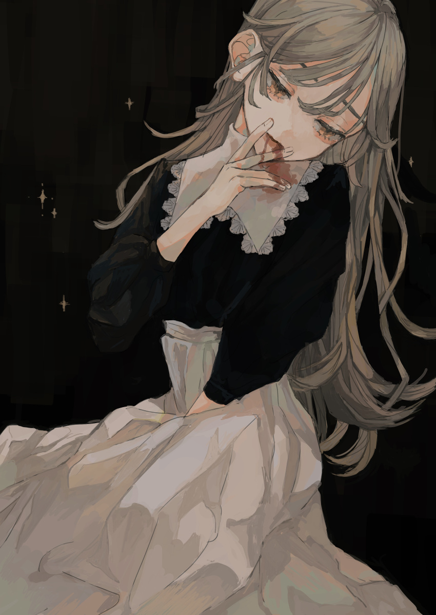 absurdres black_background black_shirt blood blood_from_mouth blood_on_clothes brown_eyes brown_hair commentary english_commentary female hand_up highres long_hair long_sleeves original shirt simple_background skirt solo white_skirt yudouhu_(yudouhu_yu_102)