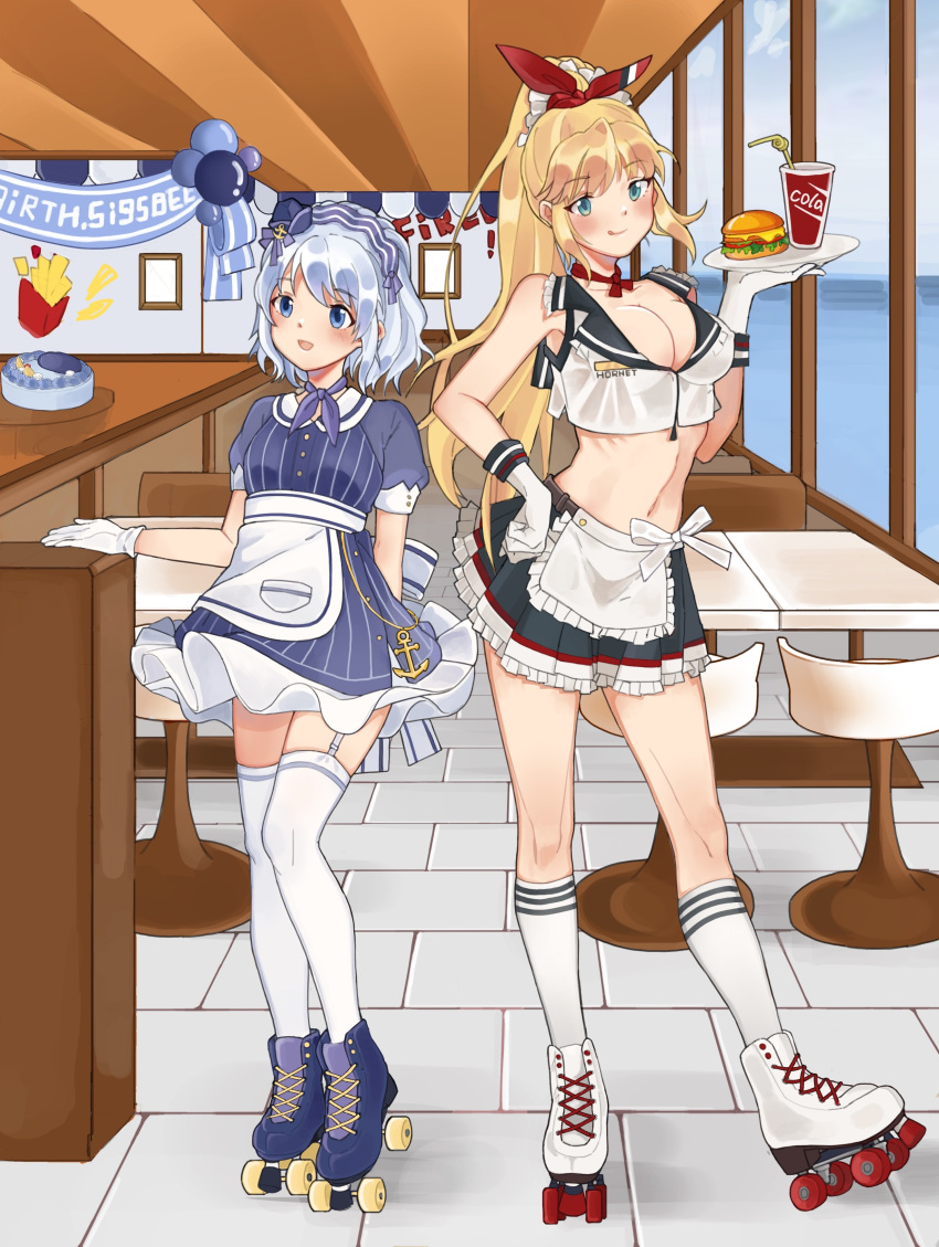 2girls :d :q absurdres anchor_symbol apron balloon bare_shoulders birthday_cake birthday_party blonde_hair blue_dress blue_eyes blue_headwear blue_neckerchief blush breasts burger cake ceiling chair chinese_commentary cleavage cola collarbone commentary_request crop_top cup day diner disposable_cup dress drinking_straw food frilled_apron frilled_dress frilled_hairband frilled_skirt frills full_body garter_straps gloves grey_hair grey_skirt hair_tie hairband hand_on_own_hip hand_up hat highres holding holding_tray hornet_(warship_girls_r) indoors kneehighs lanyue long_hair looking_at_viewer looking_to_the_side medium_breasts midriff mini_hat multiple_girls navel neckerchief open_mouth pleated_skirt ponytail puffy_short_sleeves puffy_sleeves red_neckerchief restaurant roller_skates shadow shirt short_sleeves sidelocks sigsbee_(warship_girls_r) skates skindentation skirt sleeveless sleeveless_shirt smile socks standing standing_on_one_leg swept_bangs table thighhighs tilted_headwear tongue tongue_out tray waist_apron waitress warship_girls_r white_apron white_gloves white_shirt window