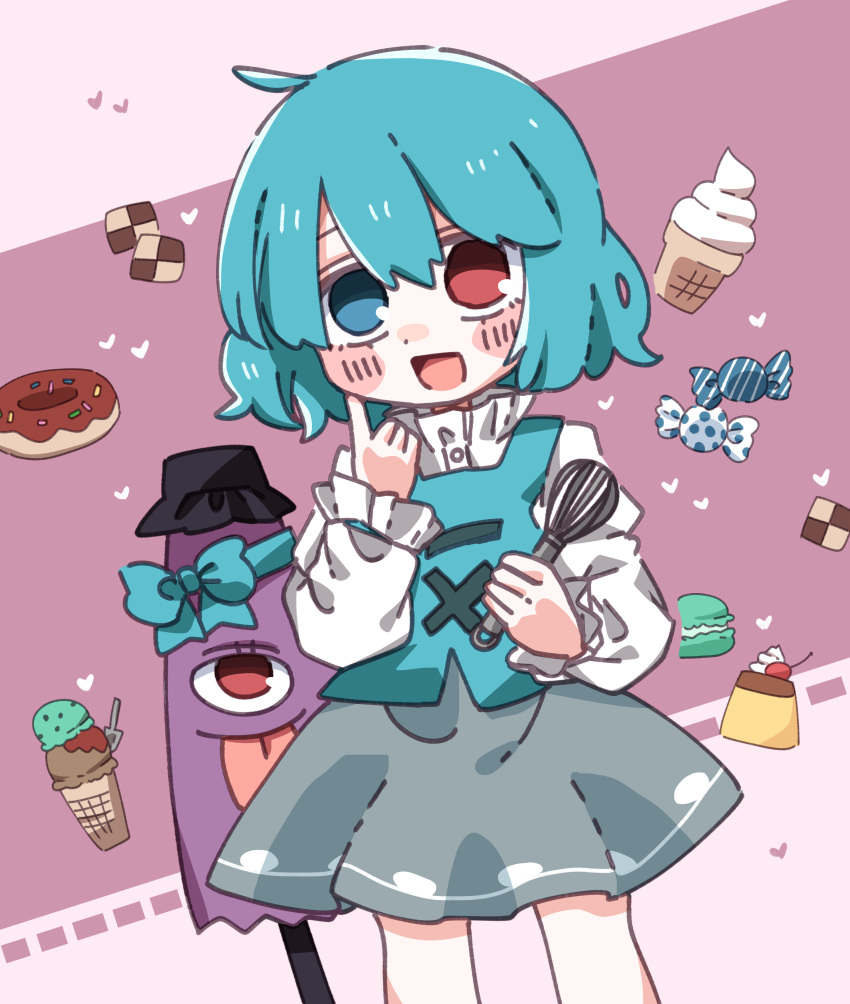 absurdres blue_eyes blue_hair blue_skirt blue_vest blush candy eyebrows_hidden_by_hair feet_out_of_frame female food hair_between_eyes heterochromia highres holding juliet_sleeves karakasa_obake long_sleeves open_mouth puffy_sleeves red_eyes salt_(seasoning) shirt short_hair skirt smile solo tatara_kogasa tongue touhou umbrella vest white_shirt